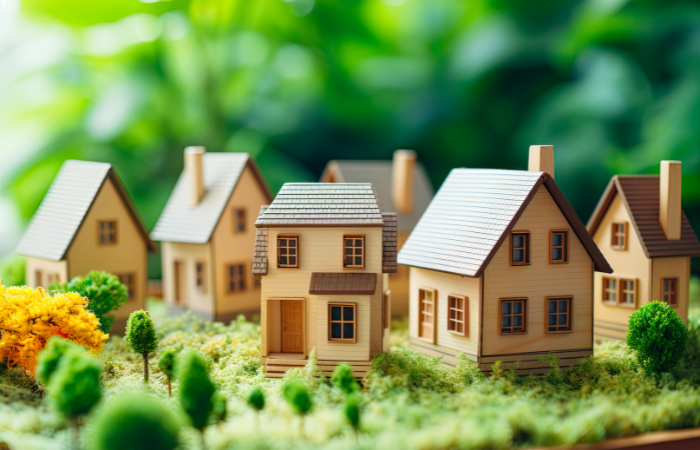 A group of small houses that are all similar representing a self managed homeowners association on green grass