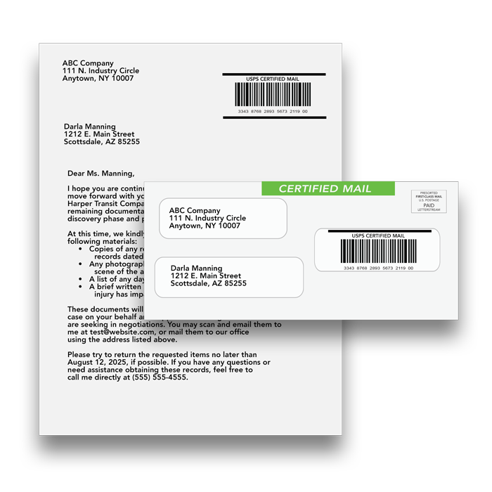 Certified Letter example and envelope.