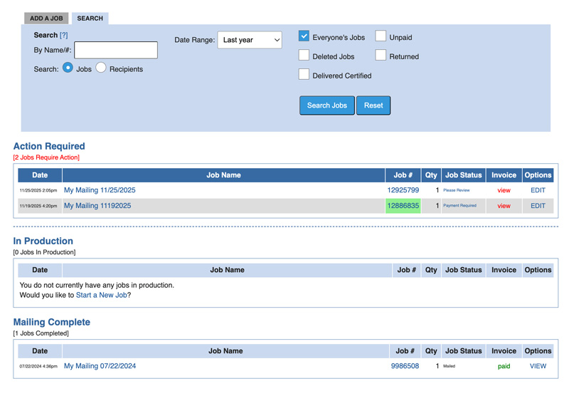 Screen grab of LetterStream interface showing job search screen