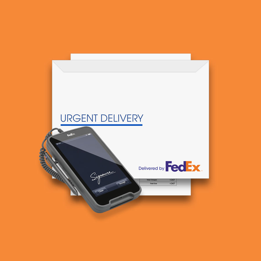 FedEx 2Day with Signature example. Envelope in background with digital signature device in foreground