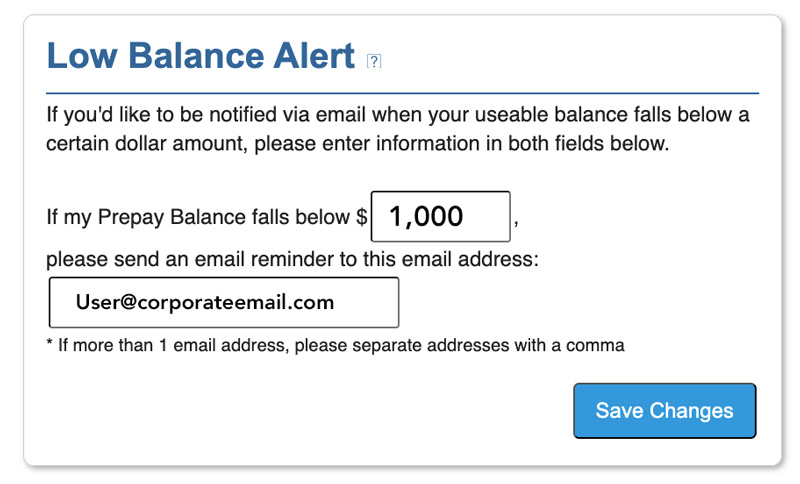 Screen grab of LetterStream interface showing low balance alert