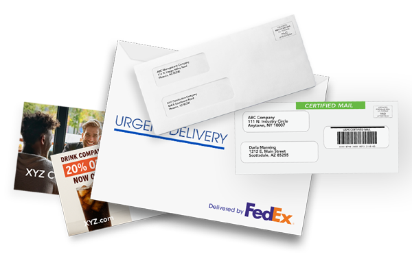 Print and send mail online: a grouping of letters and envelope examples in a stack.