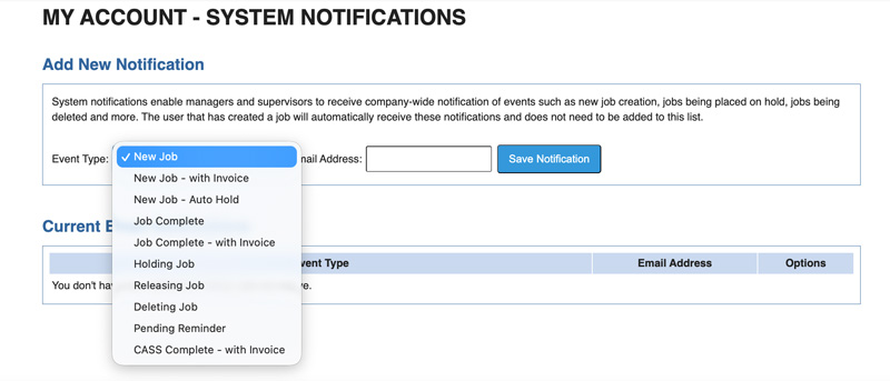 Screen grab of LetterStream interface showing system Notifications