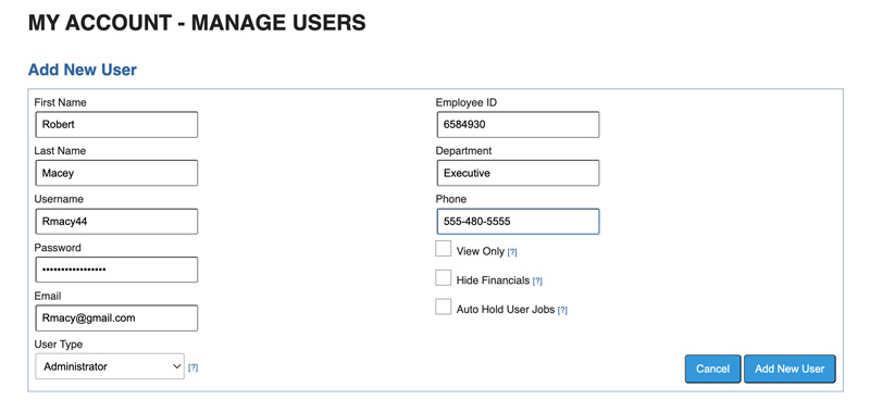 Screen grab from LetterStream interface showing user roles