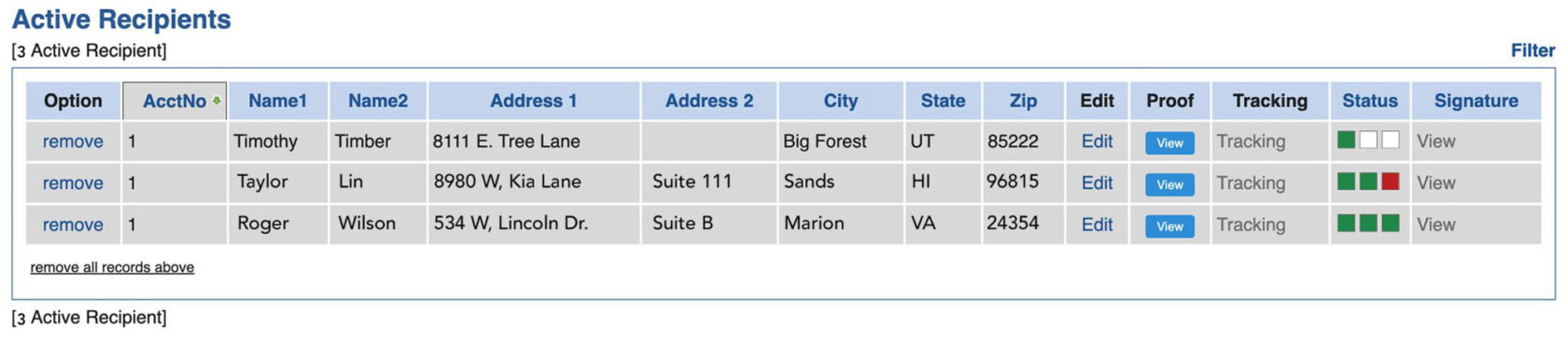 Certified Mail Tracking screen grab from LetterStream interface showing active recipients list.