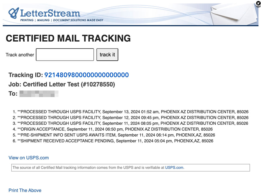 Certified Mail Tracking Tool screen grab from LetterStream interface showing a field to enter your Certified Mail tracking number.