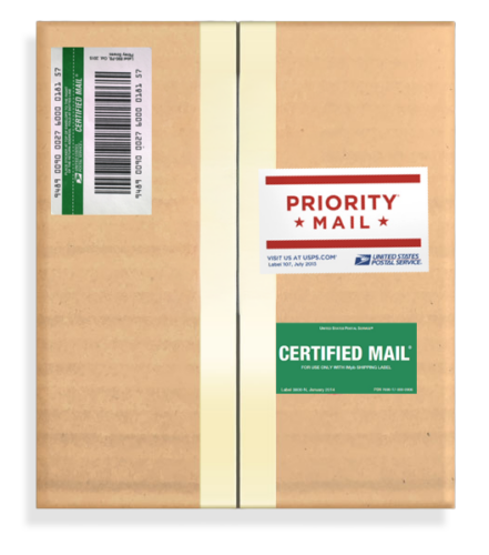 Image of a box with Certified Mail and Priority Mail stickers on it.