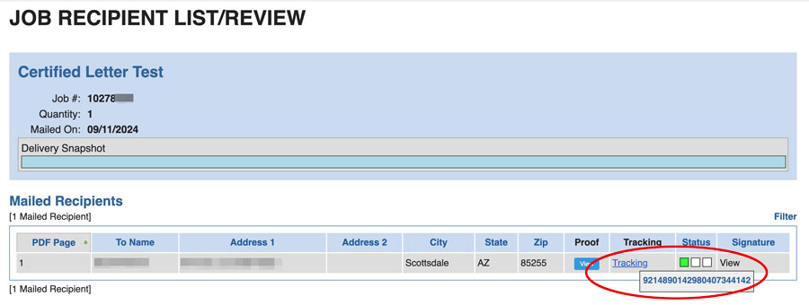 Certified Mail Tracking Example from LetterStream interface with the status bar.
