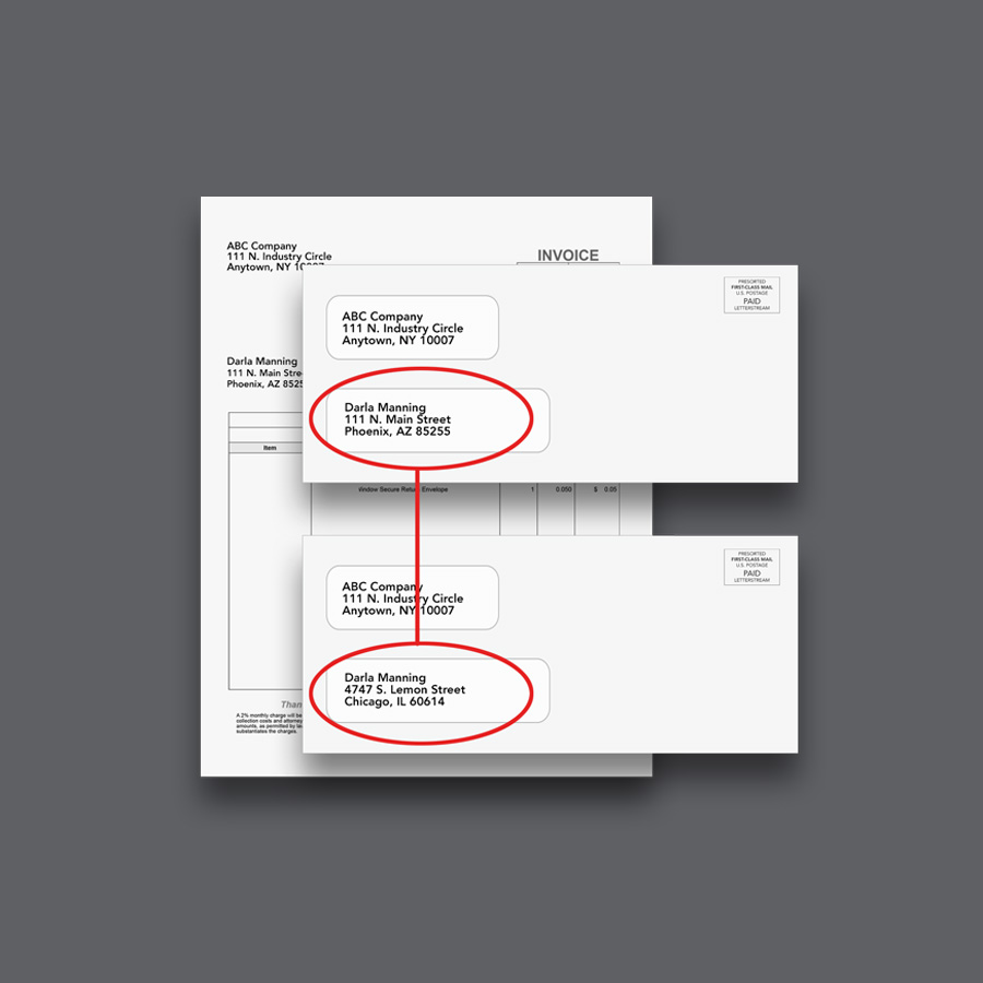 NCOA service for correcting bad addresses. Shows an image comparison from a bad address being updated to the new correct address.