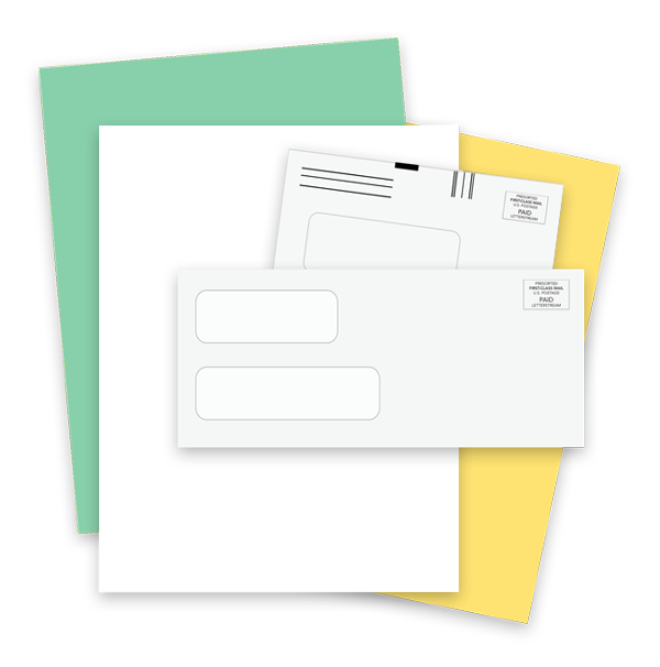 LetterStream Print Options showing different colored paper and envelope sizes